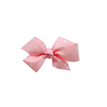Load image into Gallery viewer, Light Pink and White Polka Dot 1.5in Grosgrain Hair bow Made with an alligator Hair clip or elastic headband