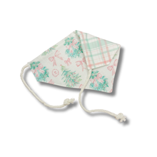 Load image into Gallery viewer, Pastel trees, bows and plaid Christmas reversible dog bandana with soft macrame cord tie closure FREE Personalization