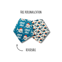 Load image into Gallery viewer, Santa Jaws and whales reversible dog bandana with soft macrame cord tie closure FREE Personalization