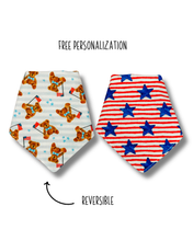 Load image into Gallery viewer, Freedom Teddy reversible dog bandana with soft macrame cord tie closure. Free personalization