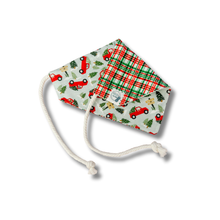 Load image into Gallery viewer, Christmas tree truck and plaid reversible dog bandana with soft macrame cord tie closure FREE Personalization