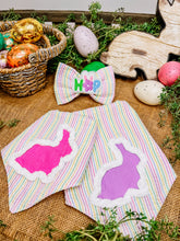 Load image into Gallery viewer, Bunny yarn outline on pastel seersucker dog bandana with soft macrame cord tie closure (look for matching bow)
