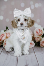 Load image into Gallery viewer, White Satin with Pearl Trim Dog Bandana with soft macrame cord tie closure ( Look for matching bow)