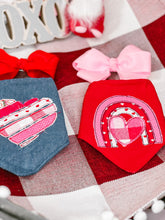 Load image into Gallery viewer, Valentine rainbow applique dog bandana with soft macrame cord tie closure