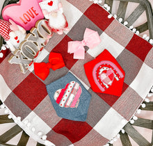 Load image into Gallery viewer, Valentine rainbow applique dog bandana with soft macrame cord tie closure
