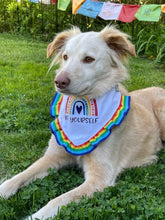 Load image into Gallery viewer, Be Yourself Rainbow dog bandana with soft macrame cord tie closure available with or without ribbon ruffle trim (Look for matching hair bow)