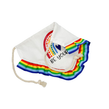 Load image into Gallery viewer, Be Yourself Rainbow dog bandana with soft macrame cord tie closure available with or without ribbon ruffle trim (Look for matching hair bow)