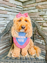 Load image into Gallery viewer, American Cutie bandana with soft macrame cord tie closure available with or without ribbon ruffle trim