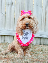Load image into Gallery viewer, Hot Pink Cuter than Cupid dog bandana with soft macrame cord tie closure available with or without ribbon ruffle trim (Look for matching hair bow)