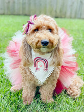 Load image into Gallery viewer, Boho rainbow machine embroidered dog bandana with soft macrame cord tie closure