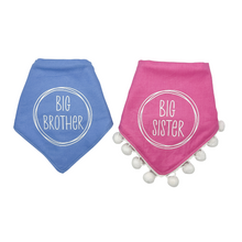 Load image into Gallery viewer, Big Brother/ Big Sister Circle Design dog bandana with soft macrame cord tie closure. Available with optional pom trim