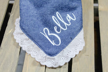 Load image into Gallery viewer, Denim and Lace Dog Bandana with Soft Macrame Cord Tie Closure- FREE PERSONALIZATION