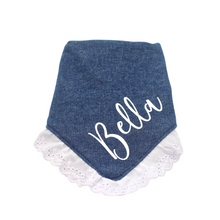 Load image into Gallery viewer, Denim and Lace Dog Bandana with Soft Macrame Cord Tie Closure- FREE PERSONALIZATION