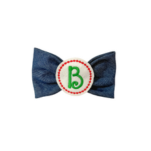 Load image into Gallery viewer, Denim Embroidered Circle Letter Bow Tie made with Alligator hair clip or over the collar