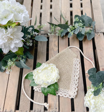 Load image into Gallery viewer, Single Peony on Soft Poly Burlap with ivory lace trim Machine Applique Dog Bandana with Soft Macrame Cord Tie Closure