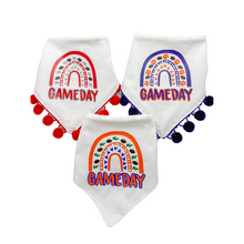 Load image into Gallery viewer, Gameday Rainbow Dog Bandana with Soft Macarame Cord Tie Closure. Several team choices plus a custom option