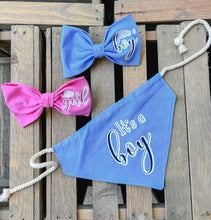 Load image into Gallery viewer, Gender Reveal dog bandana with soft macrame cord tie closure. I AM REVERSIBLE. It's a Girl on one side. It's a Boy on the other side