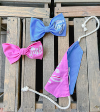 Load image into Gallery viewer, Gender Reveal dog bandana with soft macrame cord tie closure. I AM REVERSIBLE. It's a Girl on one side. It's a Boy on the other side