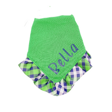 Load image into Gallery viewer, Green and Navy Plaid Ruffle Bandana with Soft Macrame Cord Tie Closure matching hair bow (sold separately)
