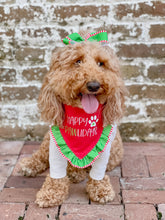 Load image into Gallery viewer, Happy Pawlidays Red and Green 1.5 in Grosgrain Hair bow Made with an Alligator Hair clip or elastic headband