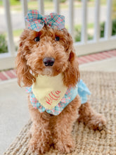 Load image into Gallery viewer, Yellow and Turquoise Plaid Ruffle Bandana with Soft Macrame Cord Tie Closure (Look for matching hairbow)