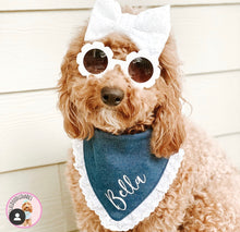 Load image into Gallery viewer, Denim and Lace Dog Bandana with Soft Macrame Cord Tie Closure- FREE PERSONALIZATION