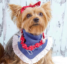 Load image into Gallery viewer, Denim and Lace Dog Bandana with Soft Macrame Cord Tie Closure- FREE PERSONALIZATION