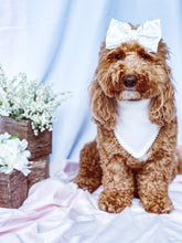 Load image into Gallery viewer, White Satin with Pearl Trim Dog Bandana with soft macrame cord tie closure ( Look for matching bow)