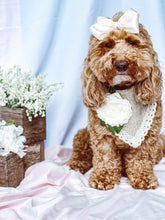 Load image into Gallery viewer, Single Peony on Soft Poly Burlap with ivory lace trim Machine Applique Dog Bandana with Soft Macrame Cord Tie Closure