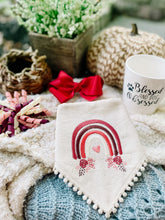 Load image into Gallery viewer, Boho rainbow machine embroidered dog bandana with soft macrame cord tie closure