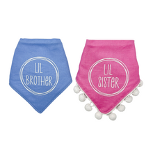 Load image into Gallery viewer, Lil Brother/ Lil Sister Circle Design dog bandana with soft macrame cord tie closure. Available with optional pom trim