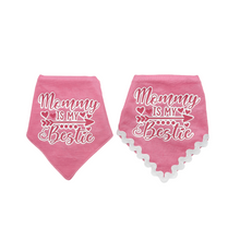 Load image into Gallery viewer, Mommy Is My Bestie Pink dog bandana with soft macrame cord tie closure available with or without trim