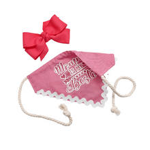 Load image into Gallery viewer, Mommy Is My Bestie Pink dog bandana with soft macrame cord tie closure available with or without trim