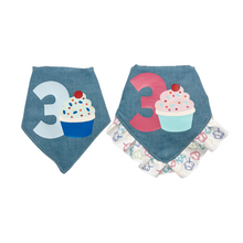Load image into Gallery viewer, Number Cupcake dog bandana with soft macrame cord tie closure available with or without cupcake ribbon ruffle (look for matching bow)