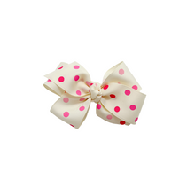 Load image into Gallery viewer, Pale yellow with pink polka dots 1.5in Grosgrain Hairbow Made with an alligator Hairclip or elastic headband