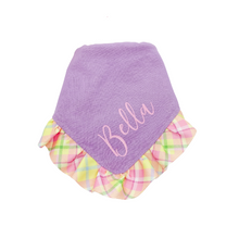 Load image into Gallery viewer, Purple and Yellow Plaid Ruffle Bandana with Soft Macrame Cord Tie Closure and Optional Matching Hairbow