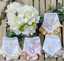 Load image into Gallery viewer, Double Faced Satin Ruffle Dog Bandana with soft macrame cord tie closure. 4 color choices ( Look for matching bows