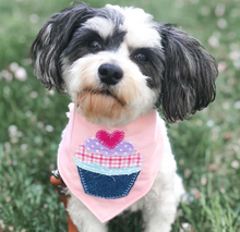 Load image into Gallery viewer, Boy and Girl Pup Cake Applique Dog Bandana with Soft Macrame Cord Tie Closure