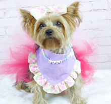 Load image into Gallery viewer, Purple and Yellow Plaid Ruffle Bandana with Soft Macrame Cord Tie Closure and Optional Matching Hairbow