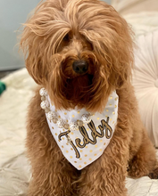 Load image into Gallery viewer, Gold and White Polka Dot Dog Bandana with soft macrame cord tie closure