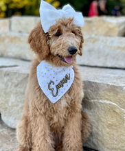 Load image into Gallery viewer, Gold and White Polka Dot Dog Bandana with soft macrame cord tie closure