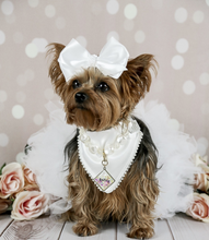 Load image into Gallery viewer, White Satin with Pearl Trim Dog Bandana with soft macrame cord tie closure ( Look for matching bow)