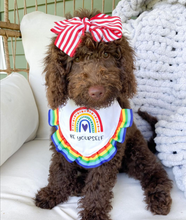 Load image into Gallery viewer, Be Yourself Rainbow dog bandana with soft macrame cord tie closure available with or without ribbon ruffle trim (Look for matching hair bow)