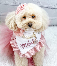 Load image into Gallery viewer, Double Faced Satin Ruffle Dog Bandana with soft macrame cord tie closure. 4 color choices ( Look for matching bows