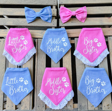 Load image into Gallery viewer, Middle Brother/ Middle Sister Cursive Design dog bandana with soft macrame cord tie closure. Available with optional eyelet lace trim