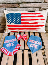 Load image into Gallery viewer, American Cutie bandana with soft macrame cord tie closure available with or without ribbon ruffle trim