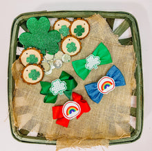 Load image into Gallery viewer, Red hair bow with rainbow embroidered center 1.5in Grosgrain Hair bow . Made with an alligator Hair clip or elastic headband