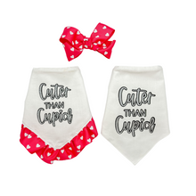 Load image into Gallery viewer, Hot Pink Cuter than Cupid dog bandana with soft macrame cord tie closure available with or without ribbon ruffle trim (Look for matching hair bow)