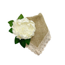 Load image into Gallery viewer, Single Peony on Soft Poly Burlap with ivory lace trim Machine Applique Dog Bandana with Soft Macrame Cord Tie Closure
