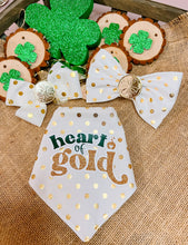 Load image into Gallery viewer, Heart of gold dog bandana with soft macrame cord tie closure